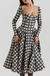 Plaid Pattern Long Sleeve Corset A - Line Pleated Midi Dresses - Red
